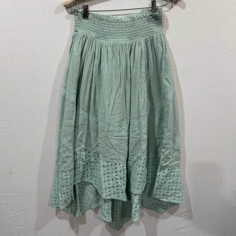 Doe and Rae Sage Green Smocked Waist High Low Midi Skirt Small Boho Lace Crochet